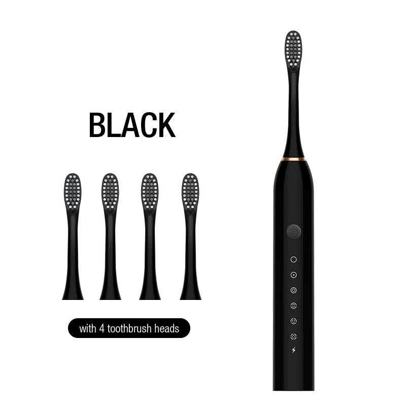 X-3 Sonic Electric Toothbrush | 4 Replacement Brush Heads | USB Charging Cable | Sleek Black Design