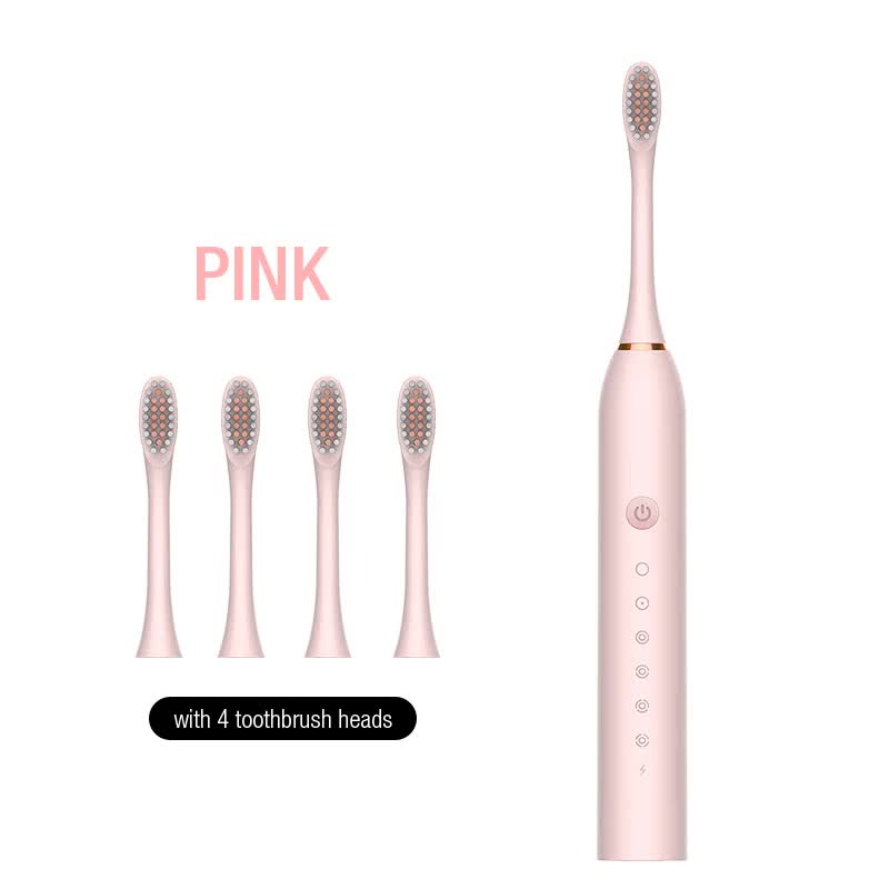 X-3 Sonic Electric Toothbrush | 4 Replacement Brush Heads | USB Charging Cable | Sleek Pink Design