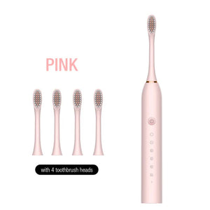 X-3 Sonic Electric Toothbrush | 4 Replacement Brush Heads | USB Charging Cable | Sleek Pink Design