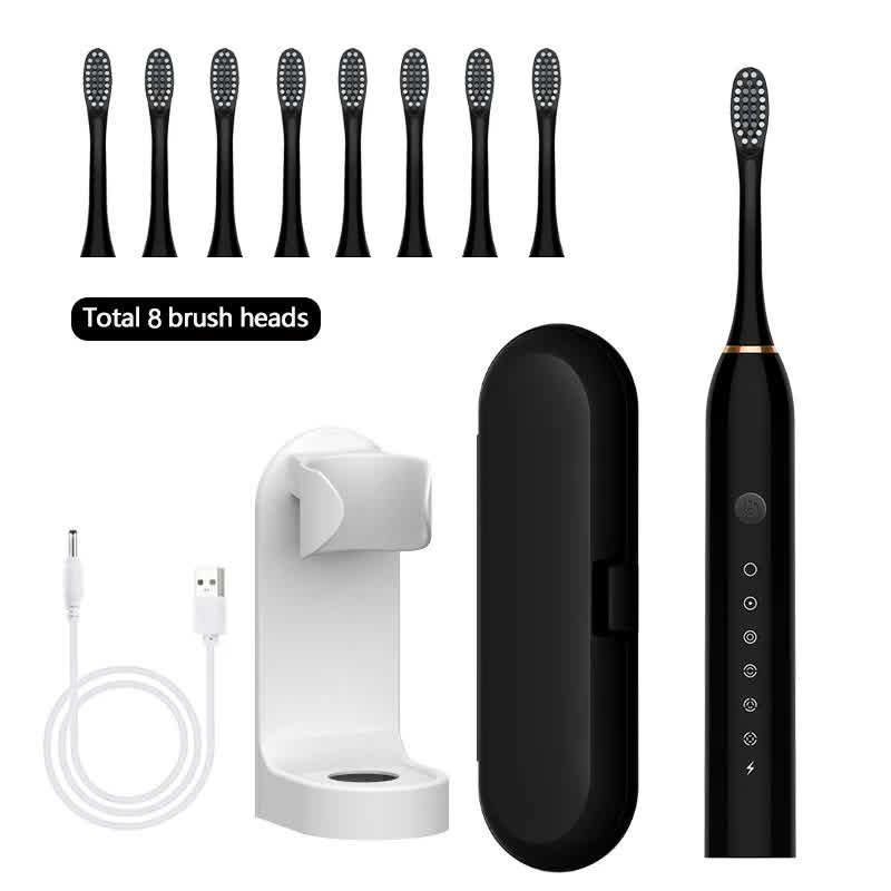 X-3 Sonic Electric Toothbrush in Black | 8 Brush Heads | Travel Case | USB Charging & Stand Included