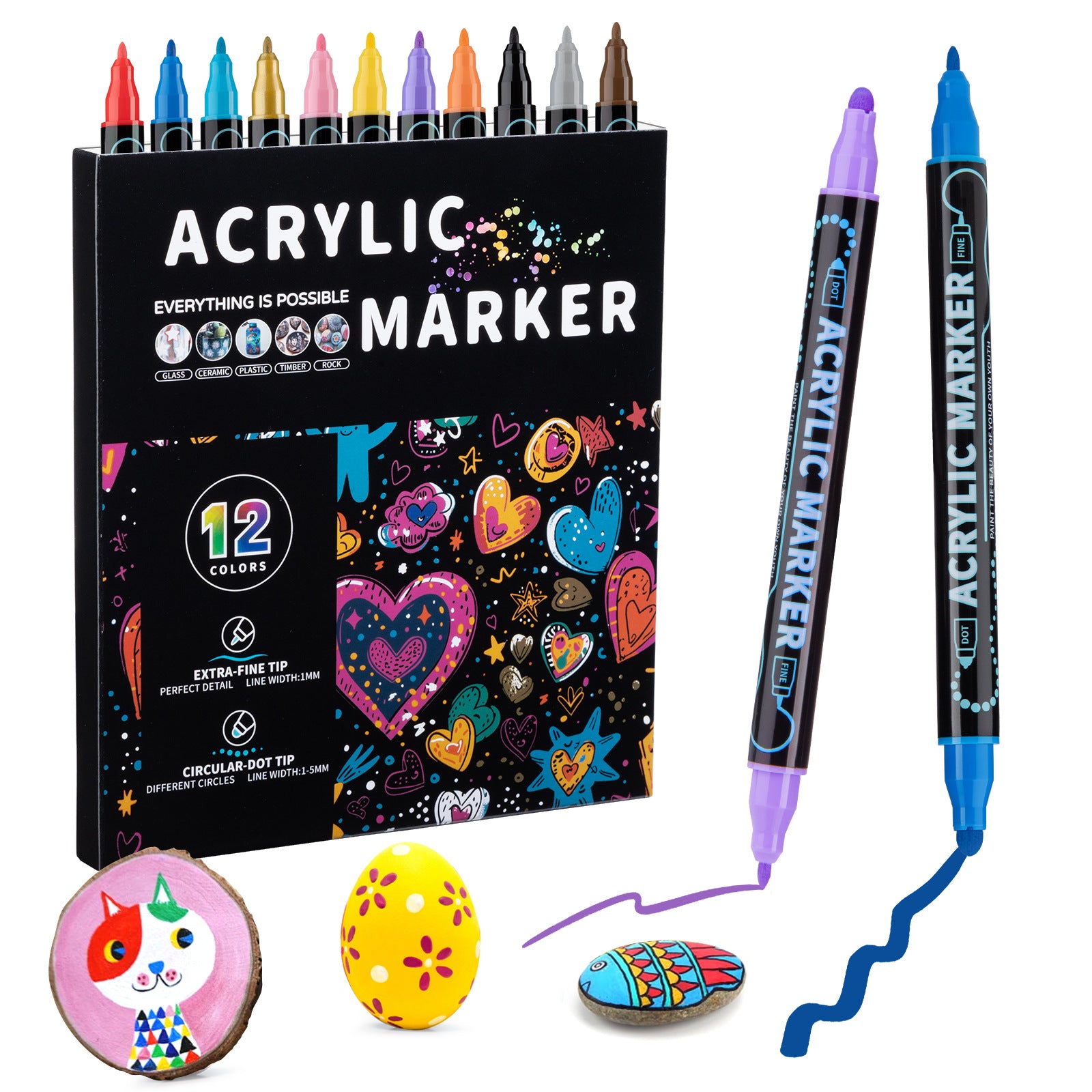 Dual-Tip Acrylic Marker Set | 1-5mm Round Tip & 1mm Fine Tip | 12 Colors | For Art & Craft Projects