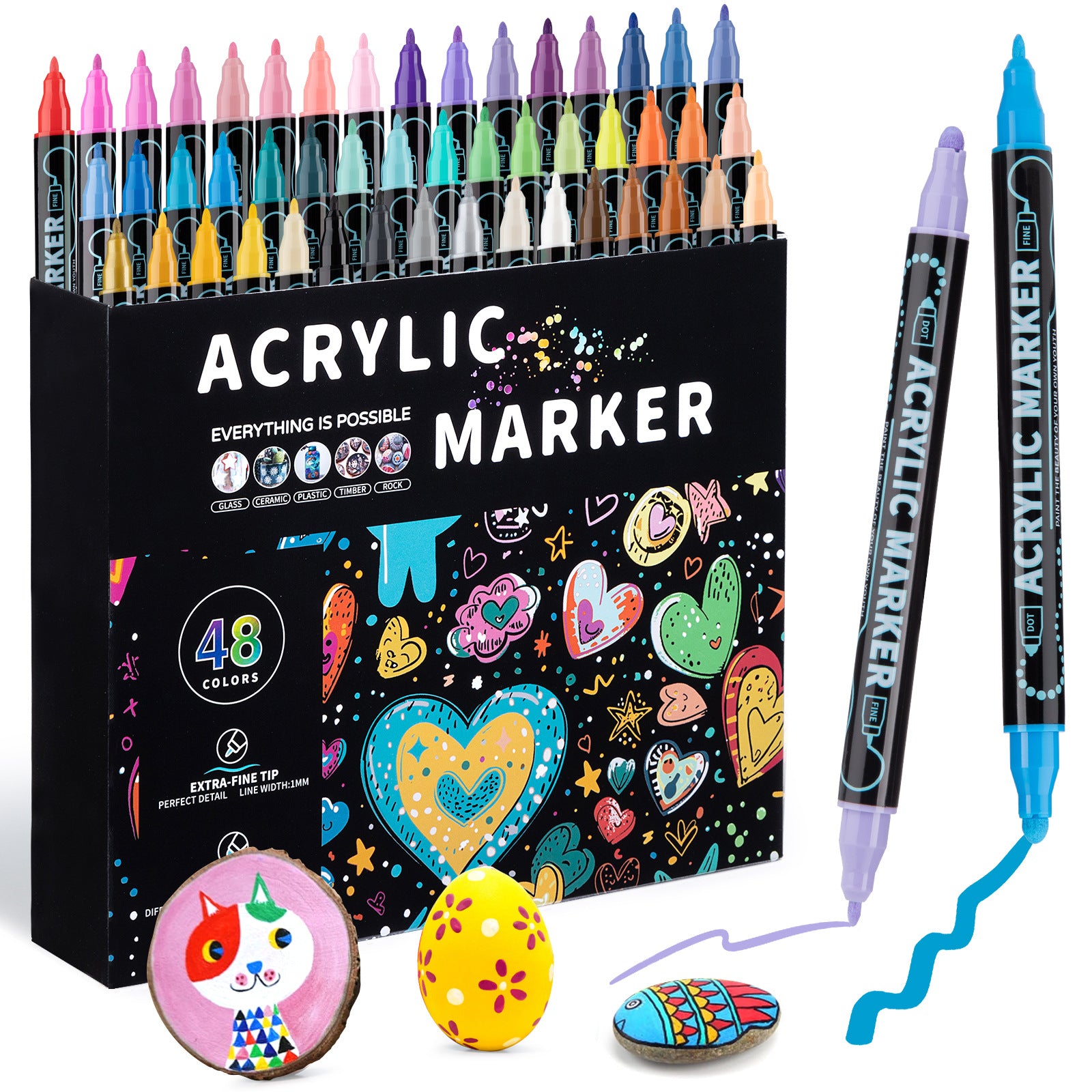 Dual-Tip Acrylic Marker Set | 1-5mm Round Tip & 1mm Fine Tip | 48 Colors | For Art & Craft Projects