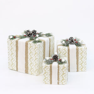 YH99032 Decorative Christmas Gift Boxes | Set of 3 | Pine Cones & Berries | Indoor Holiday Display | 15/20/25cm (No Lights)