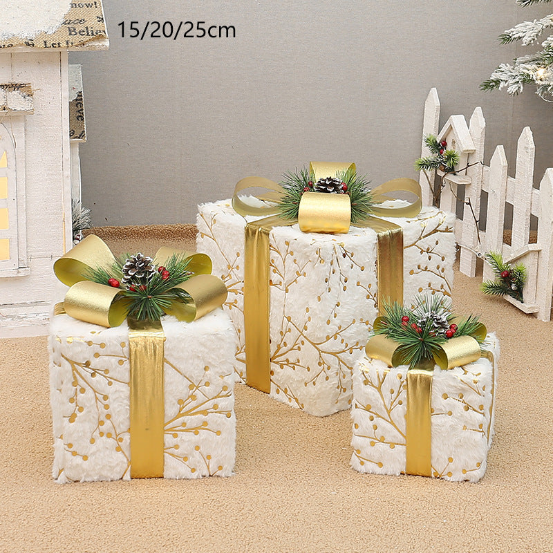 Elegant Christmas Gift Boxes | Set of 3 | Gold Ribbon & Pine Accents | Indoor Holiday Décor | 15/20/25cm (No Lights)