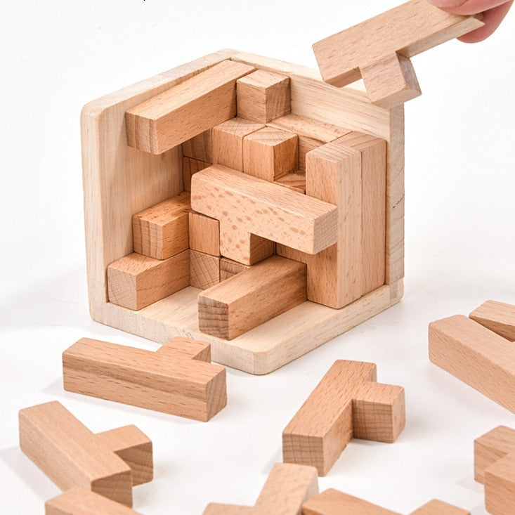 Wooden Brain Teaser Puzzle | 3D Cube Puzzle Game | Natural Wood | Adults & Kids | 2.75 Inches
