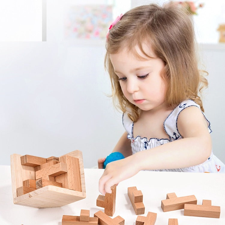 Wooden Brain Teaser Puzzle | 3D Cube Puzzle Game | Natural Wood | Adults & Kids | 2.75 Inches