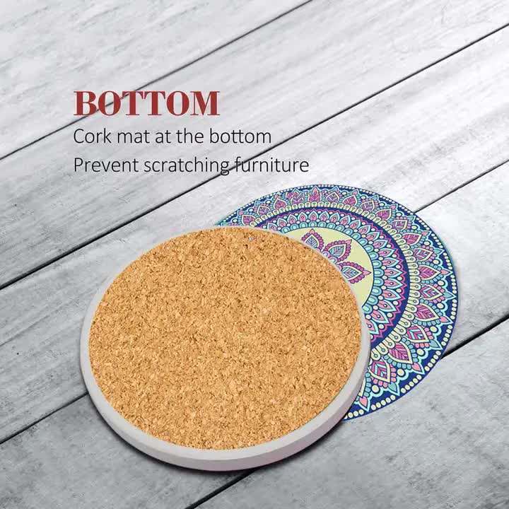 Set of 6 Mandala Ceramic Drink Coasters | Non-Slip & Absorbent for Coffee Table, Home Decor, 10.4cm