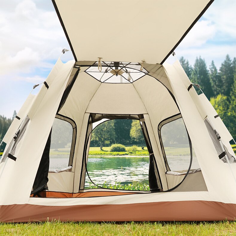 5-8 Person Hexagonal Camping Tent | Double-Layer | Silver Coated Waterproof Shelter | With Awning | 280280158cm
