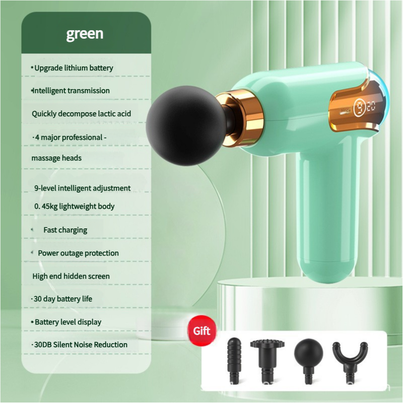 LC002 Green Portable Massage Gun | Deep Tissue Muscle Massager | 4 Heads | 9 Speed Settings