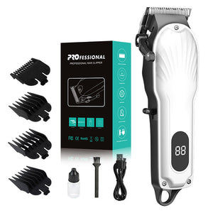 White Professional Cordless Hair Clipper with LED Display | Rechargeable Electric Hair Trimmer for Men