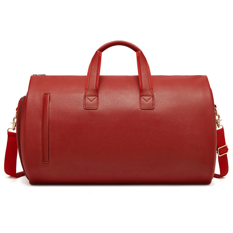 Red PU Leather Travel Duffel Bag | Large Capacity | Waterproof Suit Bag | Shoe Compartment