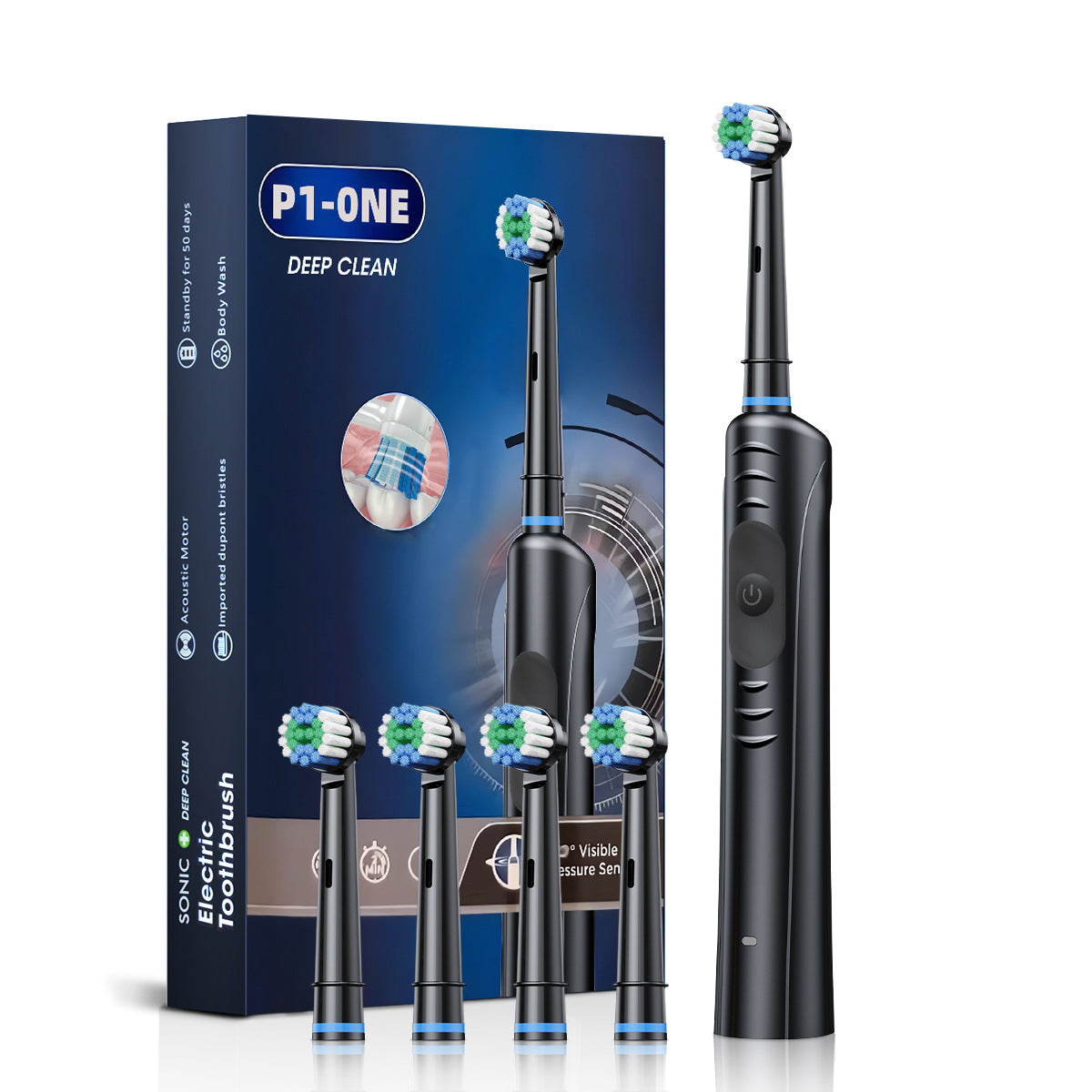 Black Rechargeable Sonic Electric Toothbrush | Deep Clean | 4 Replacement Heads