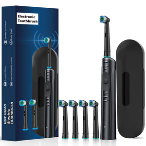 Black Rechargeable Electric Toothbrush with Travel Case | 4 Replacement Heads for Deep Cleaning