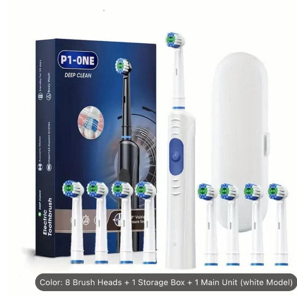 White Rechargeable Electric Toothbrush with Travel Case | 8 Replacement Heads for Deep Cleaning