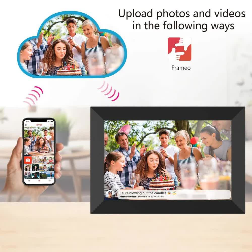 10.1-Inch Wooden Frame WiFi Digital Photo Frame | 32GB Storage | IPS Touchscreen | App Remote Sharing