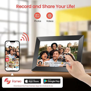 10.1-Inch Wooden Frame WiFi Digital Photo Frame | 32GB Storage | IPS Touchscreen | App Remote Sharing