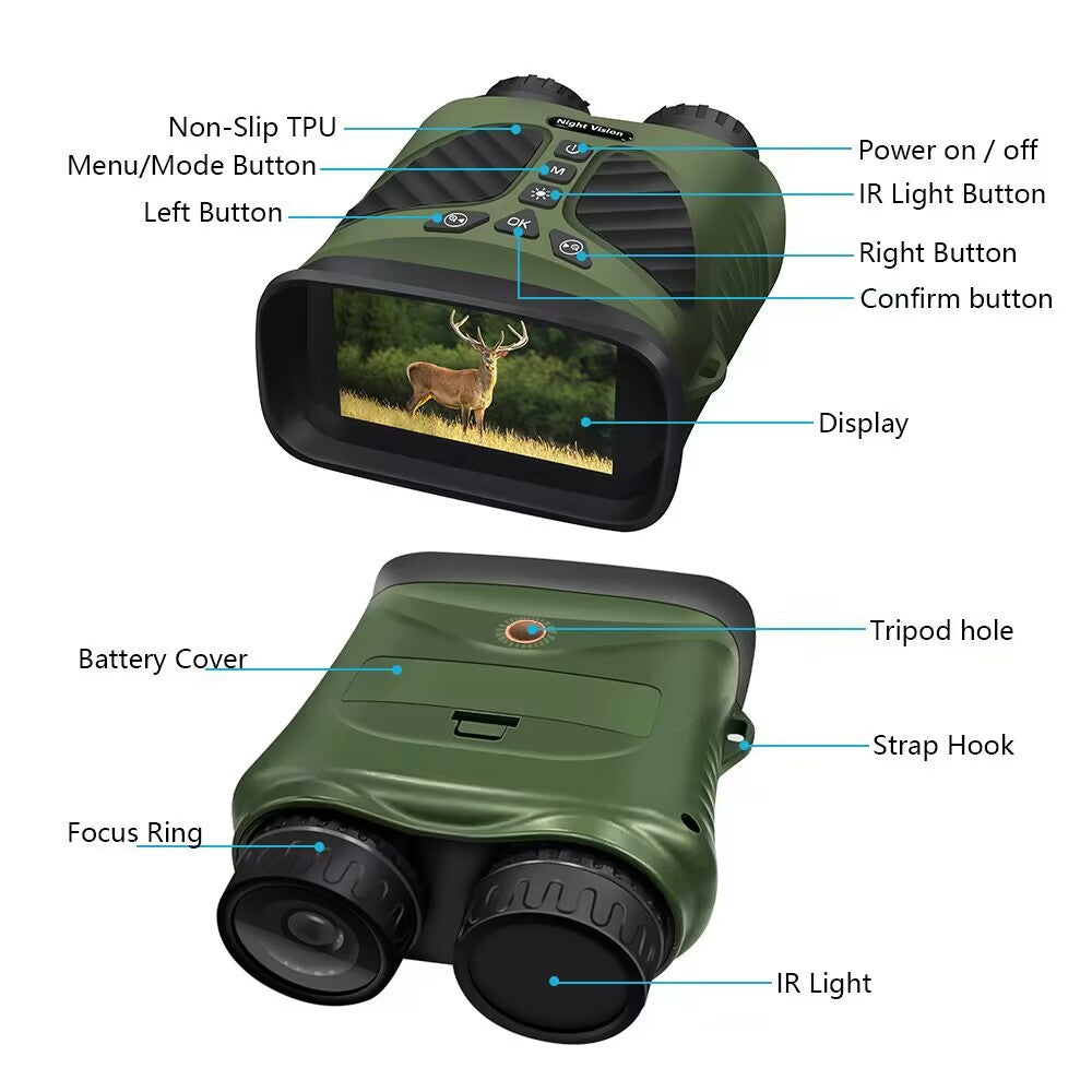 Digital Night Vision Binoculars | Green | 3.0" IPS Screen | 10X Optical Zoom | 2.5K Video Recording | Infrared for 300m Range