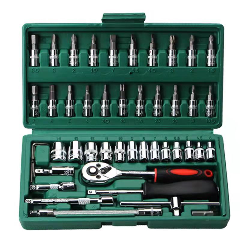 46-Piece Professional Socket Wrench Set | 1/4 Drive | Chrome Vanadium Steel | Ratchet & Bit Kit for Automotive & Household Repairs | Green Box