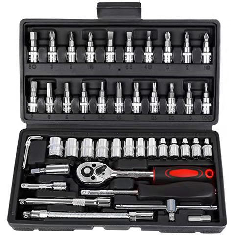 46-Piece Professional Socket Wrench Set | 1/4 Drive | Chrome Vanadium Steel | Ratchet & Bit Kit for Automotive & Household Repairs | Black Box