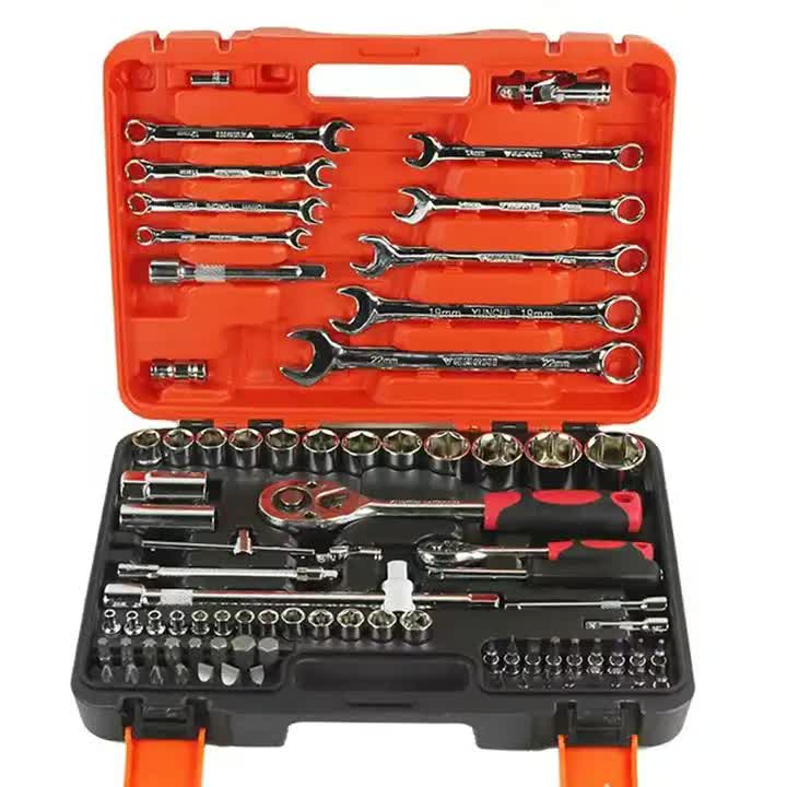 82-Piece Professional Automotive Repair Tool Set | 1/2 & 1/4 Drive Ratchets | Sockets & Wrenches | Engine, Tire & Spark Plug Maintenance