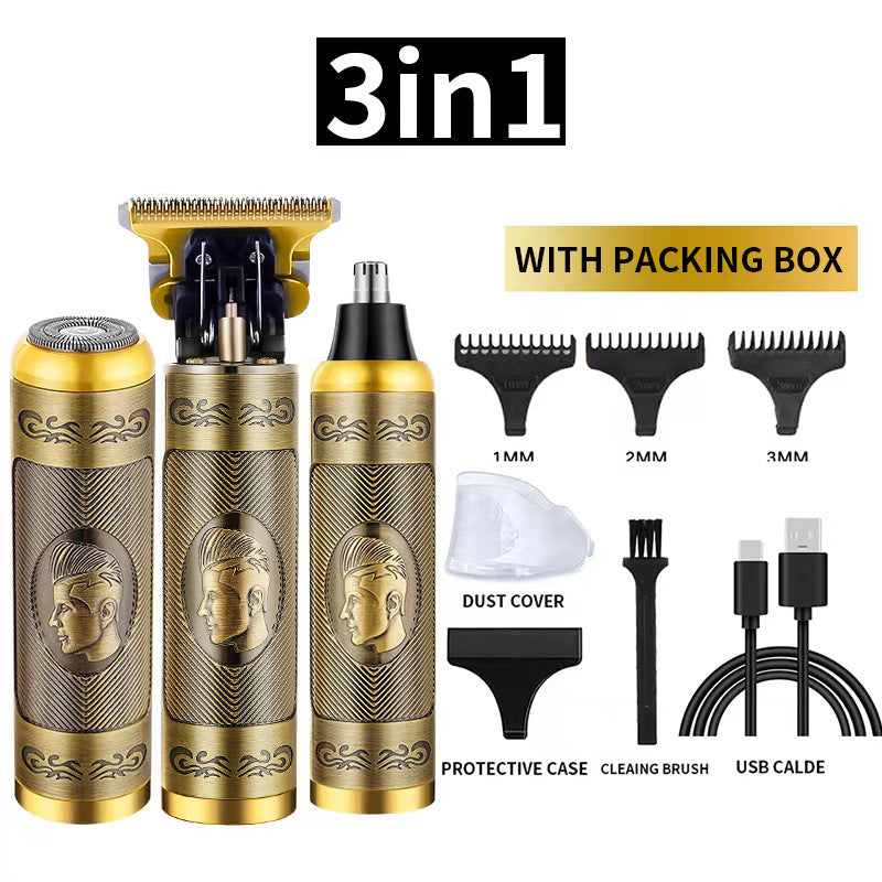 3-in-1 Professional Hair Clipper Set | Rechargeable Beard Trimmer, Nose Hair Trimmer, & Electric Shaver with USB Cable, Cleaning Brush & Attachments