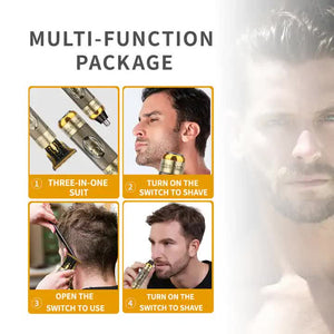 3-in-1 Professional Hair Clipper Set | Rechargeable Beard Trimmer, Nose Hair Trimmer, & Electric Shaver with USB Cable, Cleaning Brush & Attachments