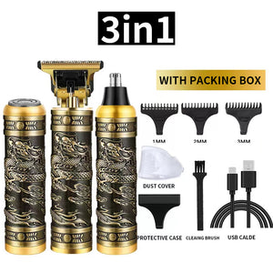 3-in-1 Professional Hair Clipper Set | Rechargeable Beard Trimmer, Nose Hair Trimmer, & Electric Shaver with USB Cable, Cleaning Brush & Attachments