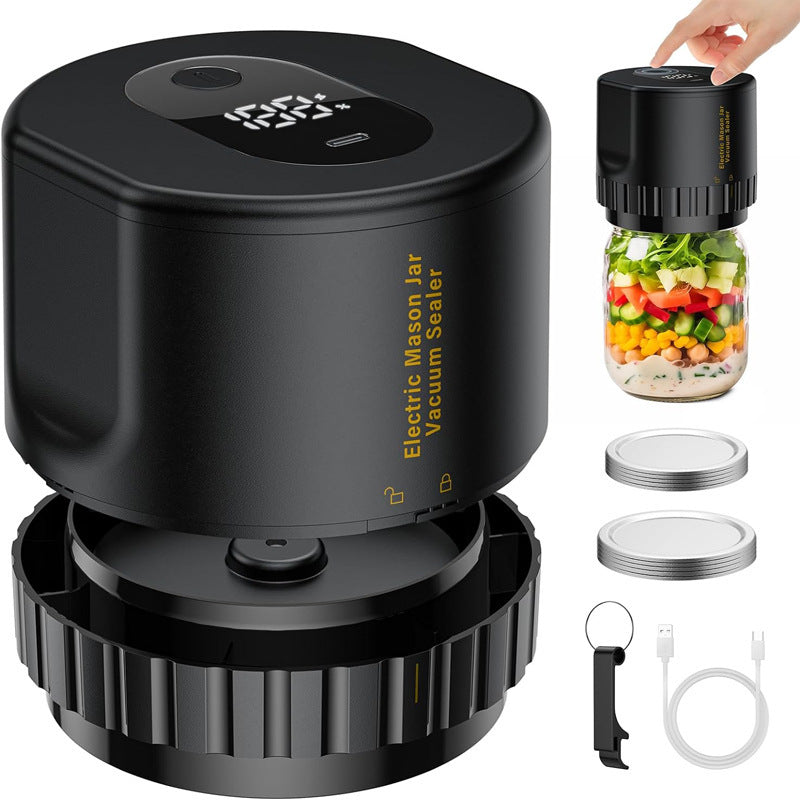 Portable Vacuum Sealer for Mason Jars, Regular Model KZ-80 (60 Sec Stop or Manual Stop) | Black Electric Food Preservation Machine with LED Display