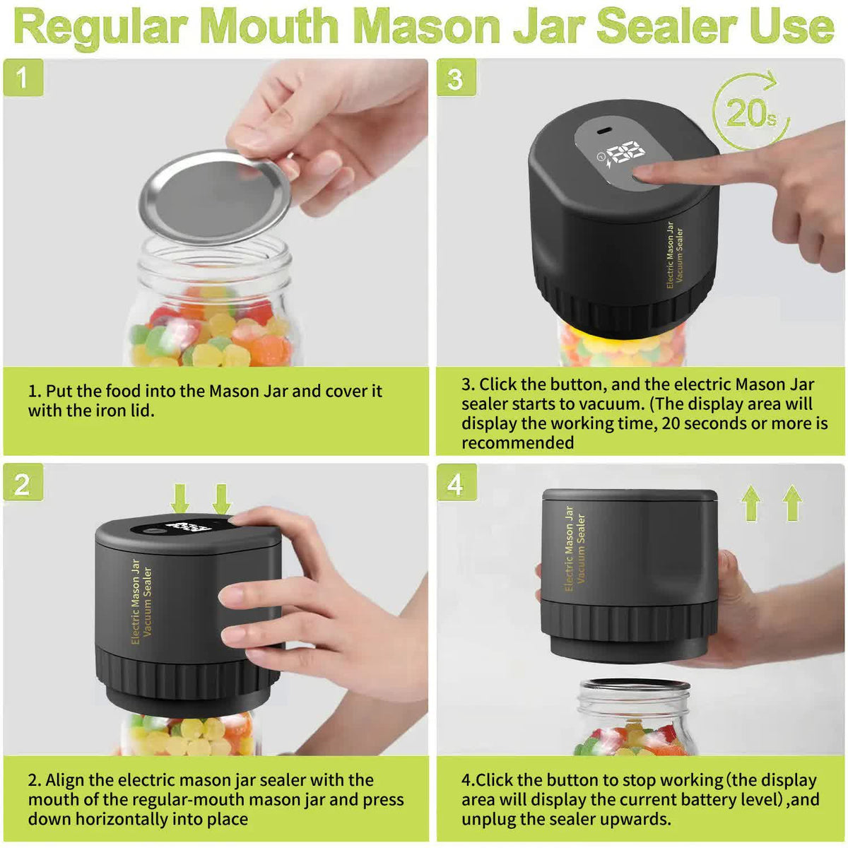 Portable Vacuum Sealer for Mason Jars, Regular Model KZ-80 (60 Sec Stop or Manual Stop) | Black Electric Food Preservation Machine with LED Display
