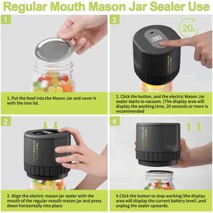 Portable Vacuum Sealer for Mason Jars, Regular Model KZ-80 (60 Sec Stop or Manual Stop) | Black Electric Food Preservation Machine with LED Display