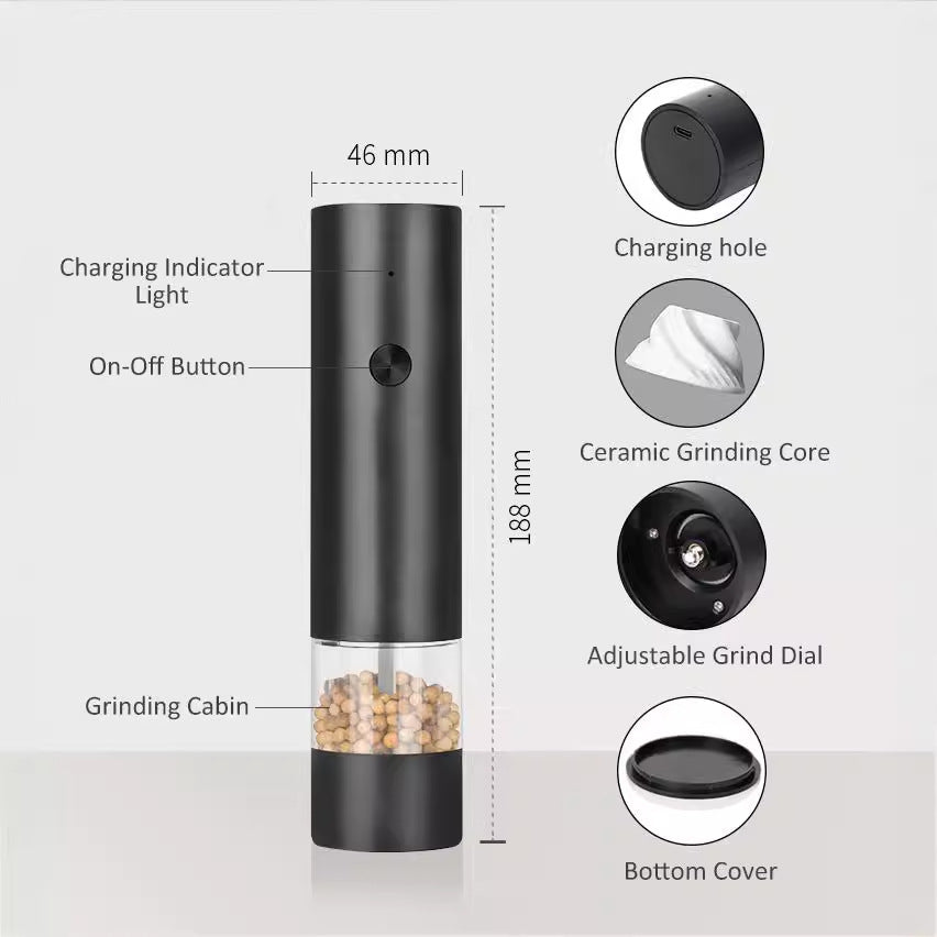 Rechargeable Electric Salt and Pepper Grinder Set | Adjustable Ceramic Grinding Core with USB Charging