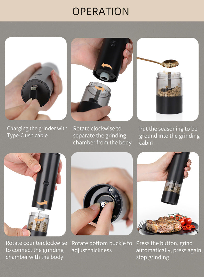 Rechargeable Electric Salt and Pepper Grinder Set | Adjustable Ceramic Grinding Core with USB Charging