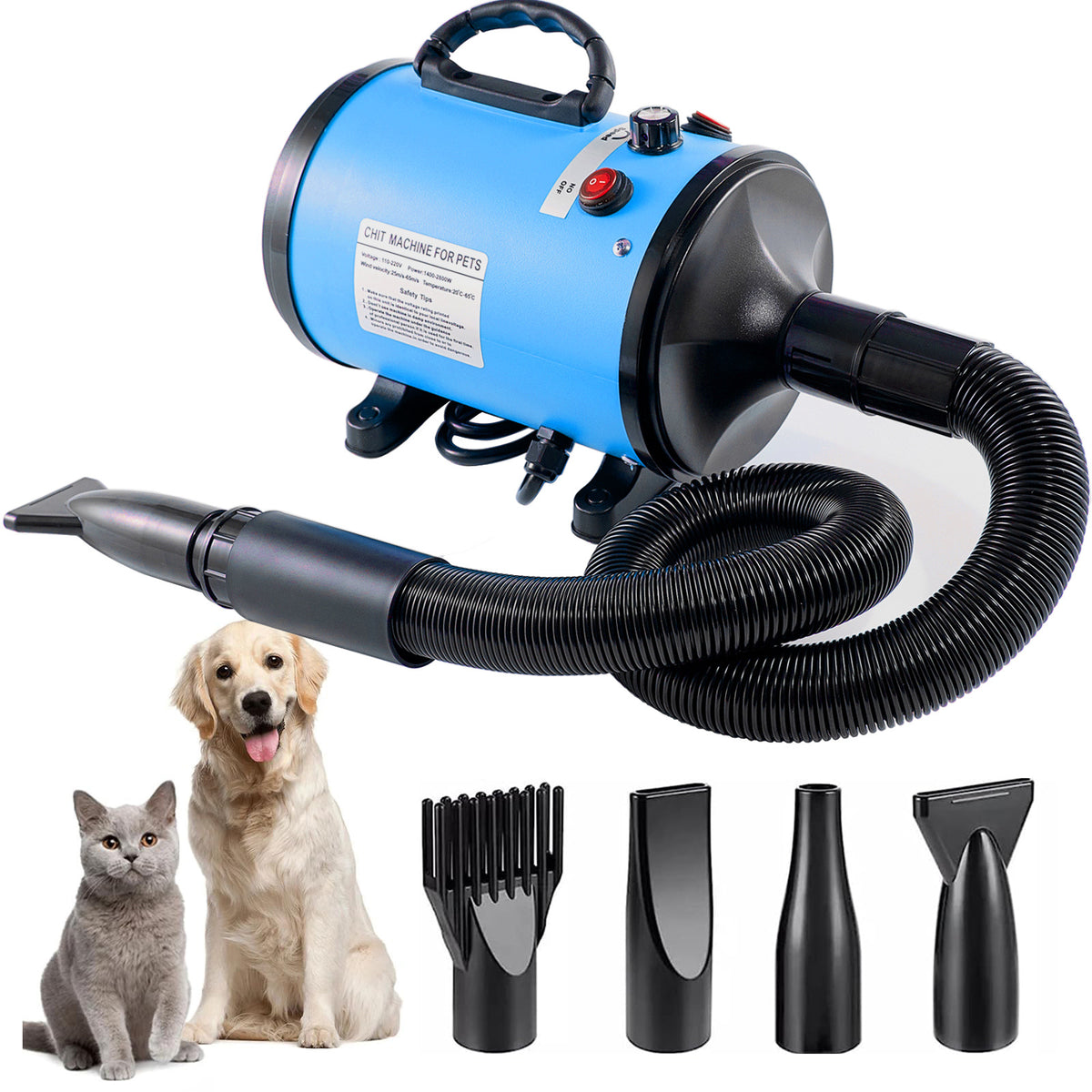 Pet Hair Dryer with Multiple Nozzles | Powerful & Quiet | Dogs & Cats | Blue