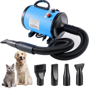 Pet Hair Dryer with Multiple Nozzles | Powerful & Quiet | Dogs & Cats | Blue