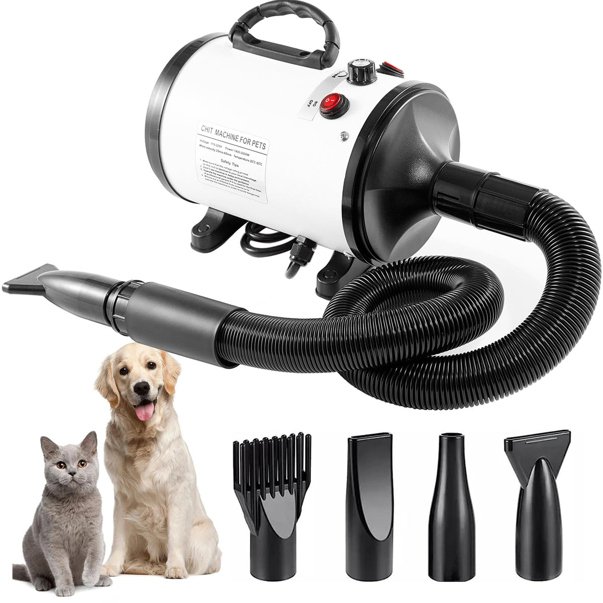 Pet Hair Dryer with Multiple Nozzles | Powerful & Quiet | Dogs & Cats | White