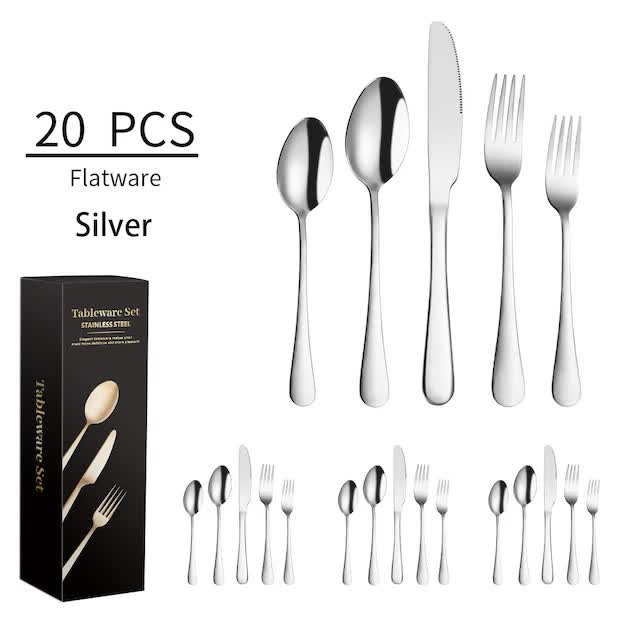 Silver 410 Stainless Steel Cutlery Set | Western Steak Knife, Fork & Spoon Set, 4 Set/20-Piece Dinnerware Set
