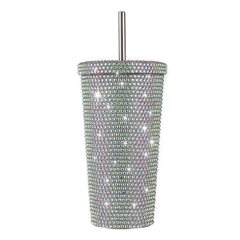Diamond-Inlaid Insulated 304 Stainless Steel Cup with Straw | Double-Walled Rhinestone Coffee Mug