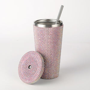 Diamond-Inlaid Insulated 304 Stainless Steel Cup with Straw | Double-Walled Rhinestone Coffee Mug