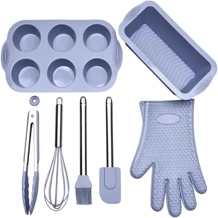 Grey 7-Piece Silicone Bakeware Set | Includes Whisk, Spatula, Brush, Gloves & Cake Molds | Home Baking Essentials