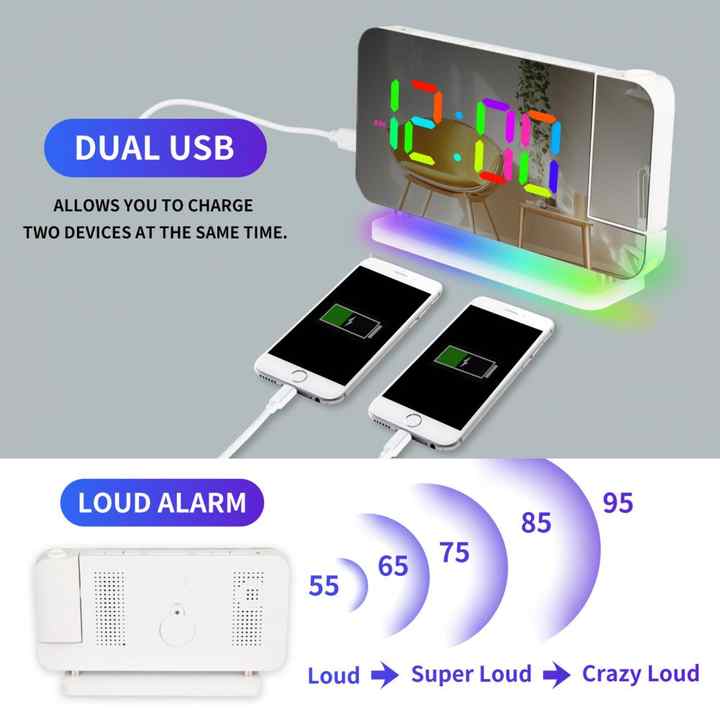 Black RGB LED Projection Alarm Clock | Multi-Color Night Light | Snooze Function