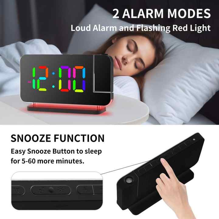Black RGB LED Projection Alarm Clock | Multi-Color Night Light | Snooze Function