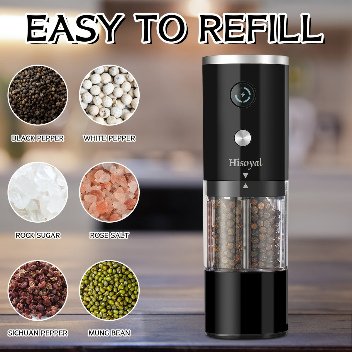 Electric Pepper Grinder | Automatic Gravity Spice Mill for Black Pepper, Sea Salt, Coffee Beans, and More