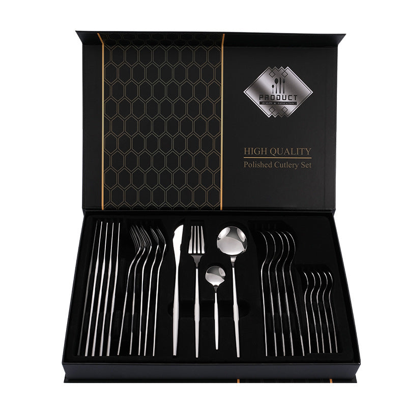 Silver Premium 24-Piece Stainless Steel Cutlery Set | Elegant Golden Steak Knife, Fork, and Spoon Set in Luxury Gift Box
