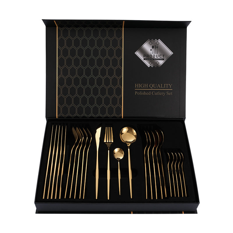Gold Premium 24-Piece Stainless Steel Cutlery Set | Elegant Golden Steak Knife, Fork, and Spoon Set in Luxury Gift Box