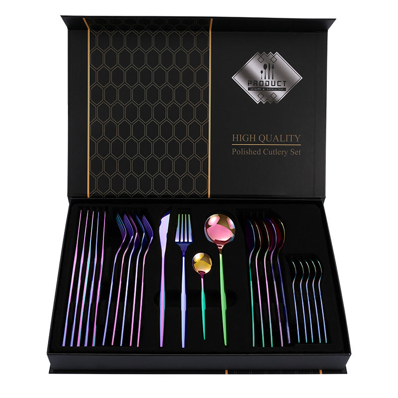Colorful Premium 24-Piece Stainless Steel Cutlery Set | Elegant Golden Steak Knife, Fork, and Spoon Set in Luxury Gift Box