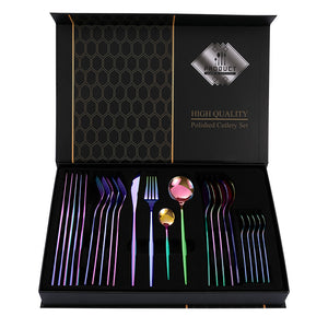 Colorful Premium 24-Piece Stainless Steel Cutlery Set | Elegant Golden Steak Knife, Fork, and Spoon Set in Luxury Gift Box