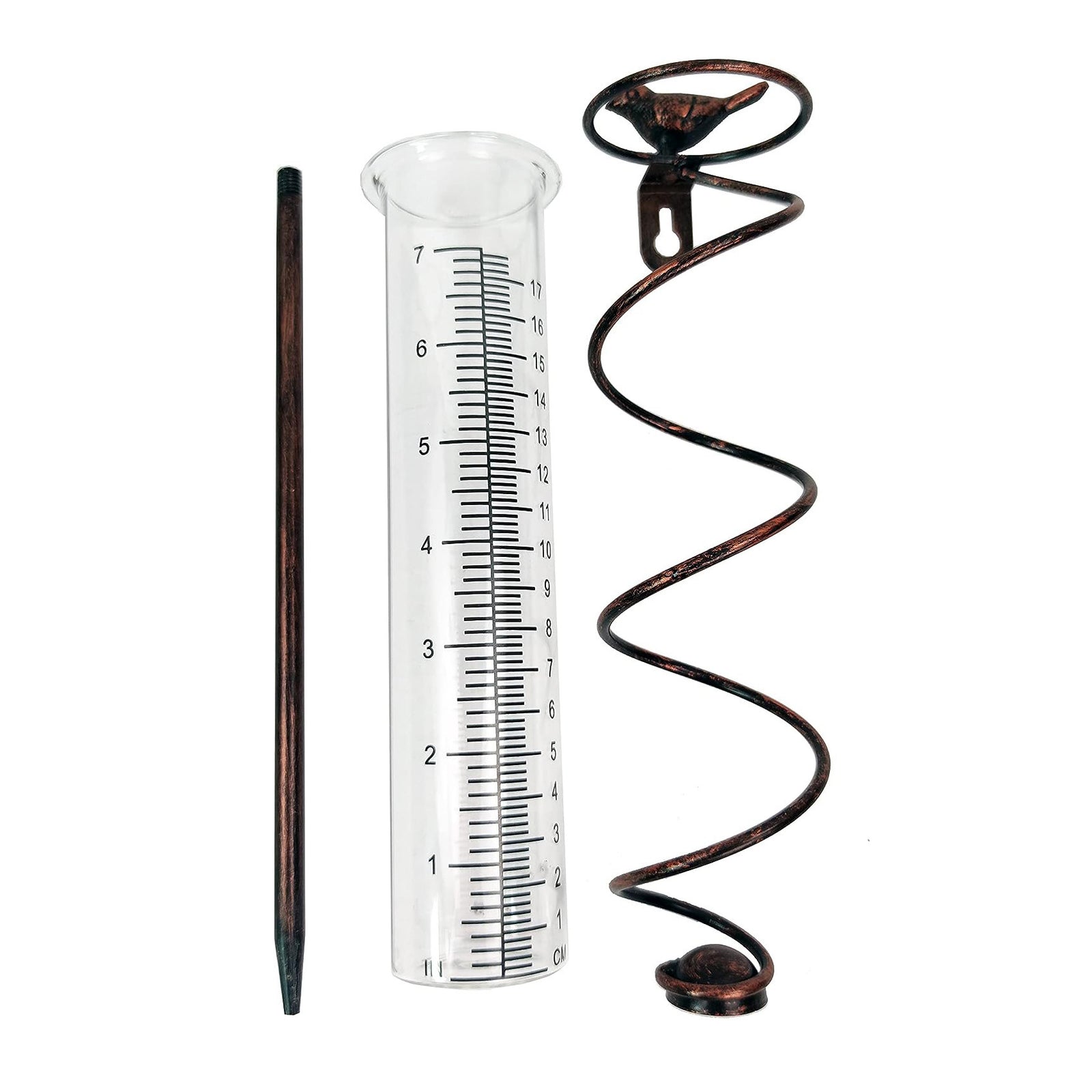 Decorative Garden Rain Gauge | Glass Rain Meter with Metal Stake & Bird Design