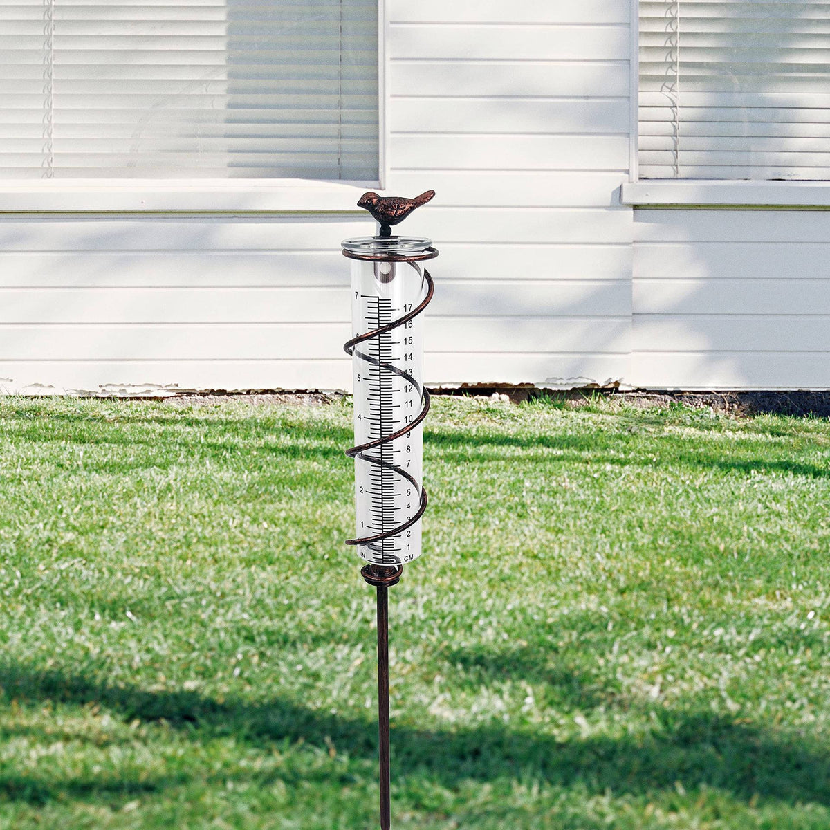 Decorative Garden Rain Gauge | Glass Rain Meter with Metal Stake & Bird Design