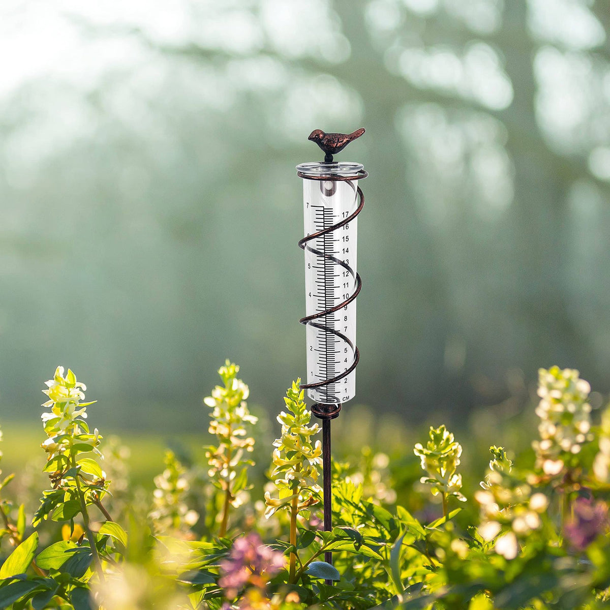 Decorative Garden Rain Gauge | Glass Rain Meter with Metal Stake & Bird Design