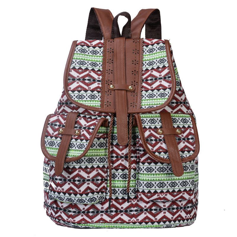 Green Bohemian Style Canvas Backpack | Vintage Tribal Pattern Travel Bag with Leather Straps